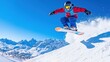 © CK Studio - A snowboarder performing an aerial trick against a backdrop of snowy mountains and clear blue sky.