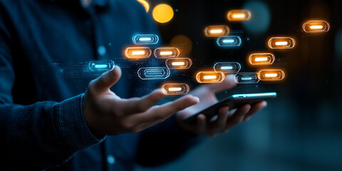 Poster - person interacts with smartphone, visualizing digital chat bubbles representing AI powered communication