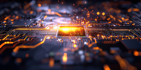 Aufkleber - glowing microchip on circuit board emits vibrant sparks, symbolizing advanced technology and innovation. intricate design highlights complexity and precision of modern electronics