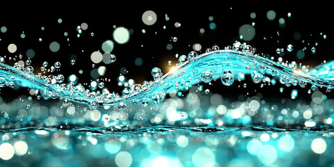 Aufkleber - Dynamic image of sparkling water droplets and waves against dark background, creating vibrant and energetic atmosphere. turquoise hues and bokeh effect enhance visual appeal