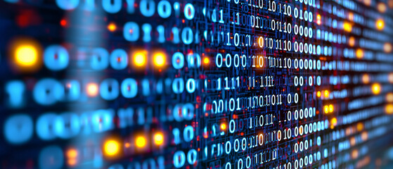 Aufkleber - digital display of binary code with glowing lights creates futuristic and technological atmosphere, symbolizing data processing and information flow