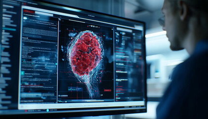 Aufkleber - person analyzing digital brain model on computer screen in modern lab. interface features glowing elements and dark mode layout, suggesting advanced technology and innovation
