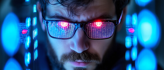 Poster - person wearing glasses with digital reflections, surrounded by blue lights, creates futuristic and intense atmosphere