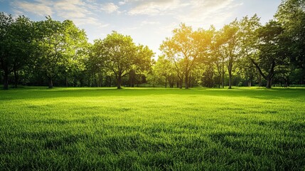 Canvas Print - Lush Green Grass Field with Trees and a Blue Sky