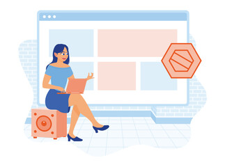 Wall Mural - young woman using a laptop. using search info on website pages. web design concept. flat vector illu