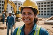 © ThomasLENNE - Close portrait of a smiling 40s Cabo Verdean woman construction worker looking at the camera, Cabo Verdean outdoors construction site blurred background