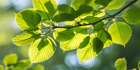 Wall Mural - Sunlit Leaves: A close-up shot of vibrant green leaves bathed in warm sunlight, creating a serene and tranquil atmosphere. The delicate veins and textures of the leaves are beautifully illuminated.