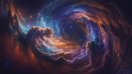 a cosmic nebula in deep space. the nebula swirls with clouds of gas and dust in vibrant hues of blue