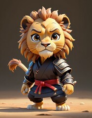 Photo A cute chibi ninja lion in a minimalist style, set against a shadow background.