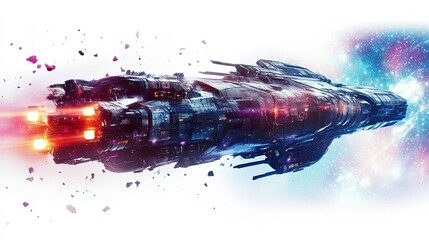 Wall Mural - futuristic spaceship flying through a nebula with glowing engines
