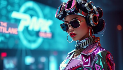 Vibrant futuristic woman in stylish attire with headphones at a neon-lit venue