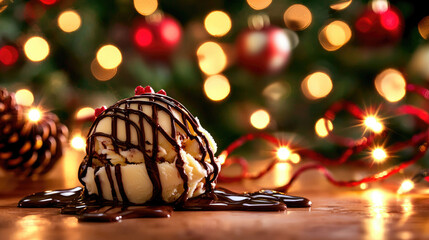 A delicious scoop of ice cream drizzled with chocolate, set against a festive, illuminated Christmas backdrop.