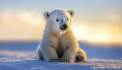 A young polar bear sits on snow, illuminated by a soft sunset, showcasing the beauty of wildlife in a natural habitat.