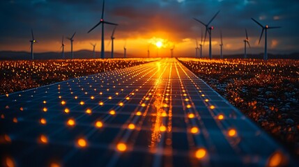 Harmony of Renewable Energy: Solar Panel Array and Wind Turbines Under Blue Sky