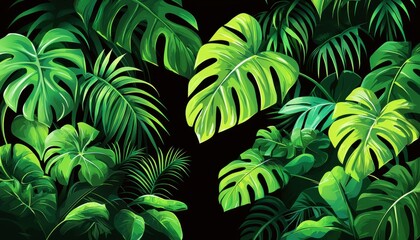 A vibrant illustration of lush tropical leaves against a dark background, evoking a sense of nature and tranquility.