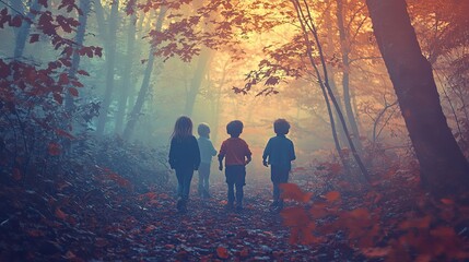 Wall Mural - Three Children Walking Through a Misty Autumn Forest