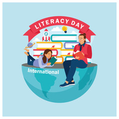 Wall Mural - Young people celebrate Literacy Day by reading books. Reading books increases imagination. Happy Literacy Day concept. Flat vector illustration.