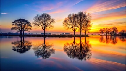 Wall Mural - atmospheric sunset landscape with silhouetted trees and a serene lake, horizon, water, reflection
