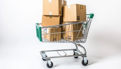 A shopping cart filled with cardboard boxes against a white background, symbolizing online shopping and delivery.