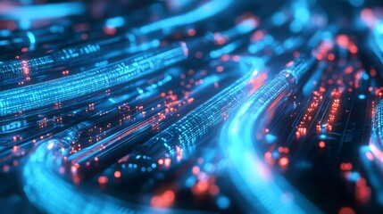 Dynamic glowing data cables illuminate information transfer.