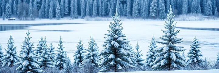 Wall Mural - A serene snow-covered landscape with pine trees and a frozen lake in the background, creating a peaceful winter scene, nature, non-urban, peaceful