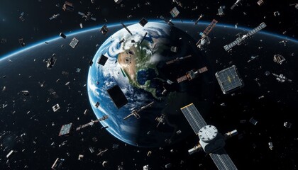 a digital illustration of earth surrounded by space debris, a reminder of the growing issue of space