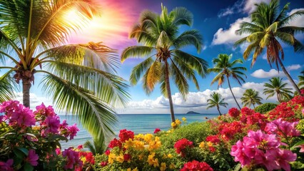 Vibrant tropical flowers and palm trees swaying in the gentle ocean breeze, beach decor, colorful flowers