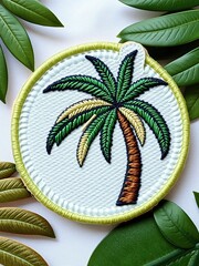 Embroidered tropical patch with a palm tree design, invoking a sense of calm and relaxation, embroidery, patch