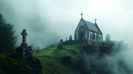 A lonely graveyard perched on a misty mountain slope, shrouded in mystery.