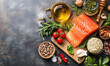 © Kim - Fresh salmon fillet with vegetables and spices on wooden board