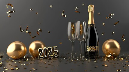 Golden champagne bottle and glasses with  balloons, streamers, and golden confetti, ready to celebrate the New Year