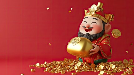 Cute Chinese God And Gold Coins, Generative AI