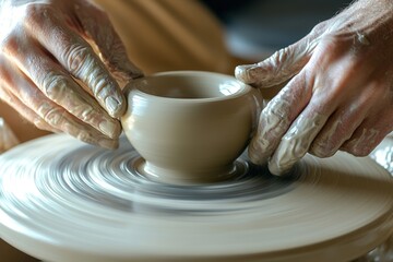 Craftsman shaping pottery on spinning wheel, focus on hands and