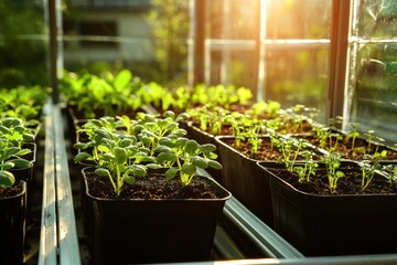 This image shows young plants growing in pots inside a greenhouse, illuminated by sunlight, emphasizing growth and nurturing.