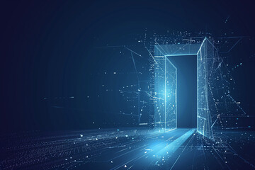 Open door digital vector illustration on a blue background. Futuristic science fiction concept of doorway. Technology portal in a polygonal wireframe glowing style. Vector abstract tunnel, portal. Ge
