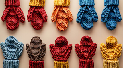 Sticker - Flat lay of a collection of hand-crocheted mittens in various bright colors like red, blue, and yellow, arranged on a warm beige background. 