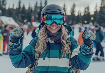 A happy woman in snowboard gear stands with her board at the ski resort, wearing fashionable and gloves, smiling while holding onto it.