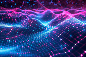 Synthwave wireframe net illustration with smoke or fog. Abstract digital background. 80s, 90s Retro futurism, Retro wave cyber grid. Deep space surfaces. Neon lights glowing. Starry background. Vector