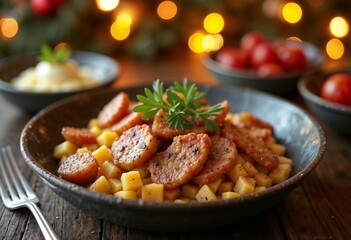 Delicious homemade food served in rustic dish on wooden table with warm holiday decorations