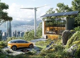 Realistic illustration of smart renewable energy grid system Off-grid city building battery storage sustainable island electric car charging with sola, AI Generative