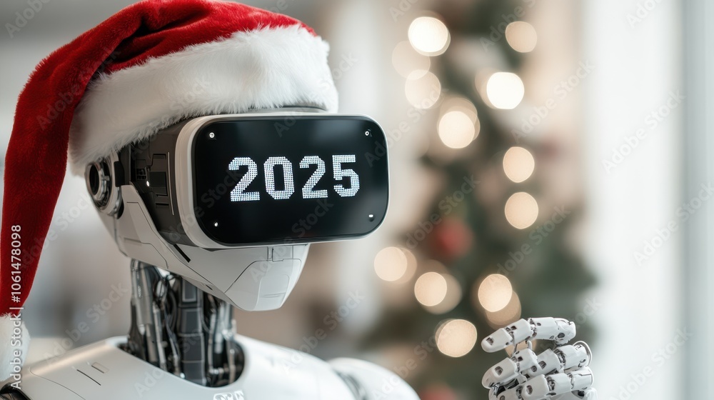 A humanoid robot wearing a Santa hat stands near a festive tree, its ...