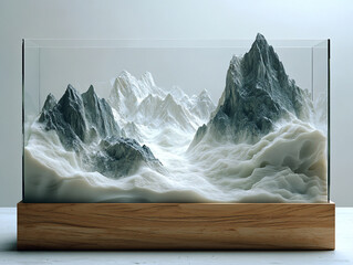 a 3D mountain model with a black base, set on a wooden stand inside a glass tank