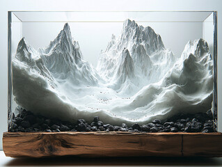 a 3D mountain model with a black base, set on a wooden stand inside a glass tank