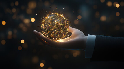 Hand holding a glowing digital network sphere on a dark background, a technology concept