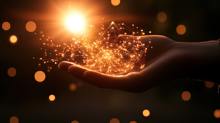 Wall Mural - hand holding a glowing digital network sphere on a dark background, a technology concept