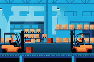 A detailed illustration depicting a bustling warehouse scene, showcasing workers engaged in various tasks like loading, unloading, and managing inventory.