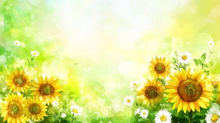 Wall Mural - Vibrant sunflowers in full bloom, cheerful field of yellow against lush green backdrop