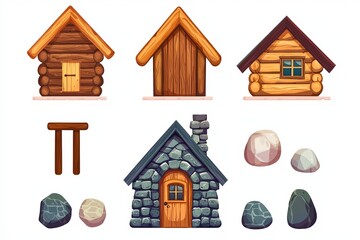 Various illustrative wooden and stone houses with rocks, isolated on a white background.