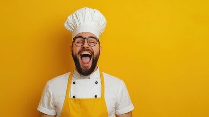 Artistic depiction of a man wearing a chef s hat and apron, having fun in the kitchen, Man having fun while cooking, Joyful and playful