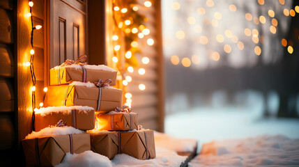 Pile of wrapped Christmas packages stacked high on a cozy front porch dusted with snow warm glowing lights overhead evening glow from the door camera angle low and slightly tilted